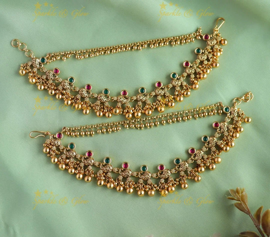 Sparkling Peacock design gold beads Earchain-Multi - Sparkle and Glow