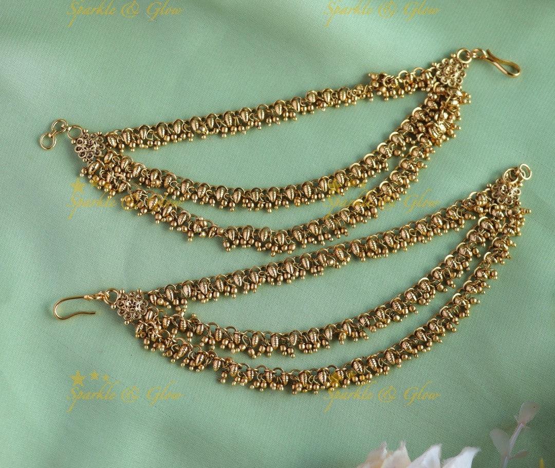 Elegant Floral Three layered Gold beads earchain - Sparkle and Glow