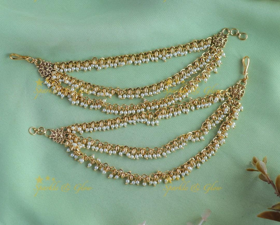 Elegant Floral Three layered Gold beads earchain - Sparkle and Glow