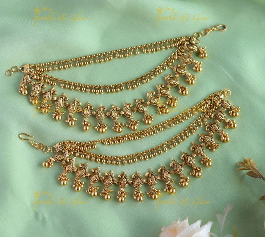 Statement Peacock design earchain with gold beads - Sparkle and Glow