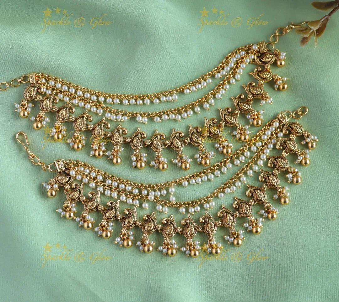 Statement Peacock design earchain with pearls and gold beads - Sparkle and Glow