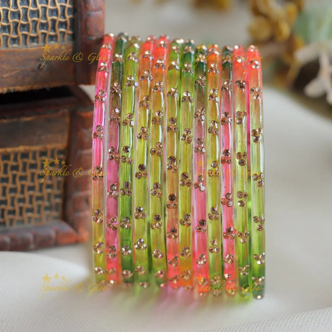 Stunning Glass bangles set of 12 bangles, (one dozen ), with stones - Sparkle and Glow