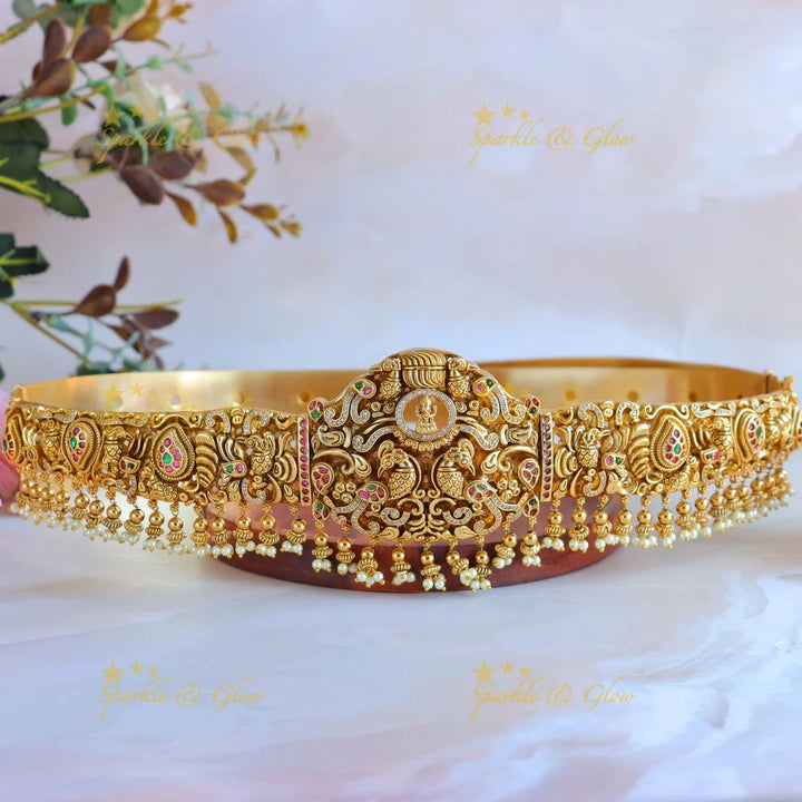 Exclusive peacock Lakshmi carved intricate design hipbelt with pearl beads - Sparkle and Glow