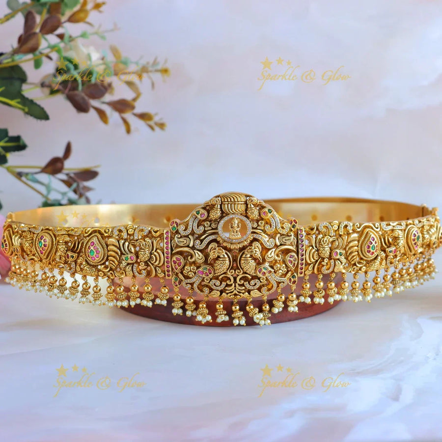 Exclusive peacock Lakshmi carved intricate design hipbelt with pearl beads - Sparkle and Glow