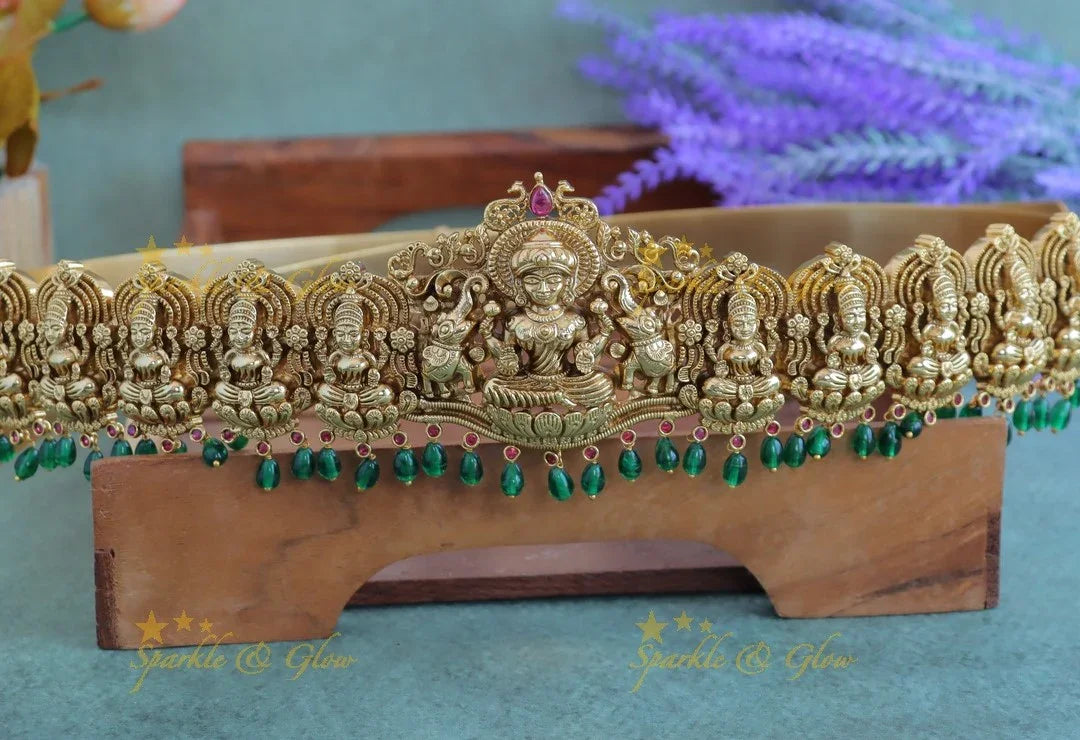 Grand Idol Lakshmi Elepghant Peacock carved Bridal Hipbelt with green beads - Sparkle and Glow