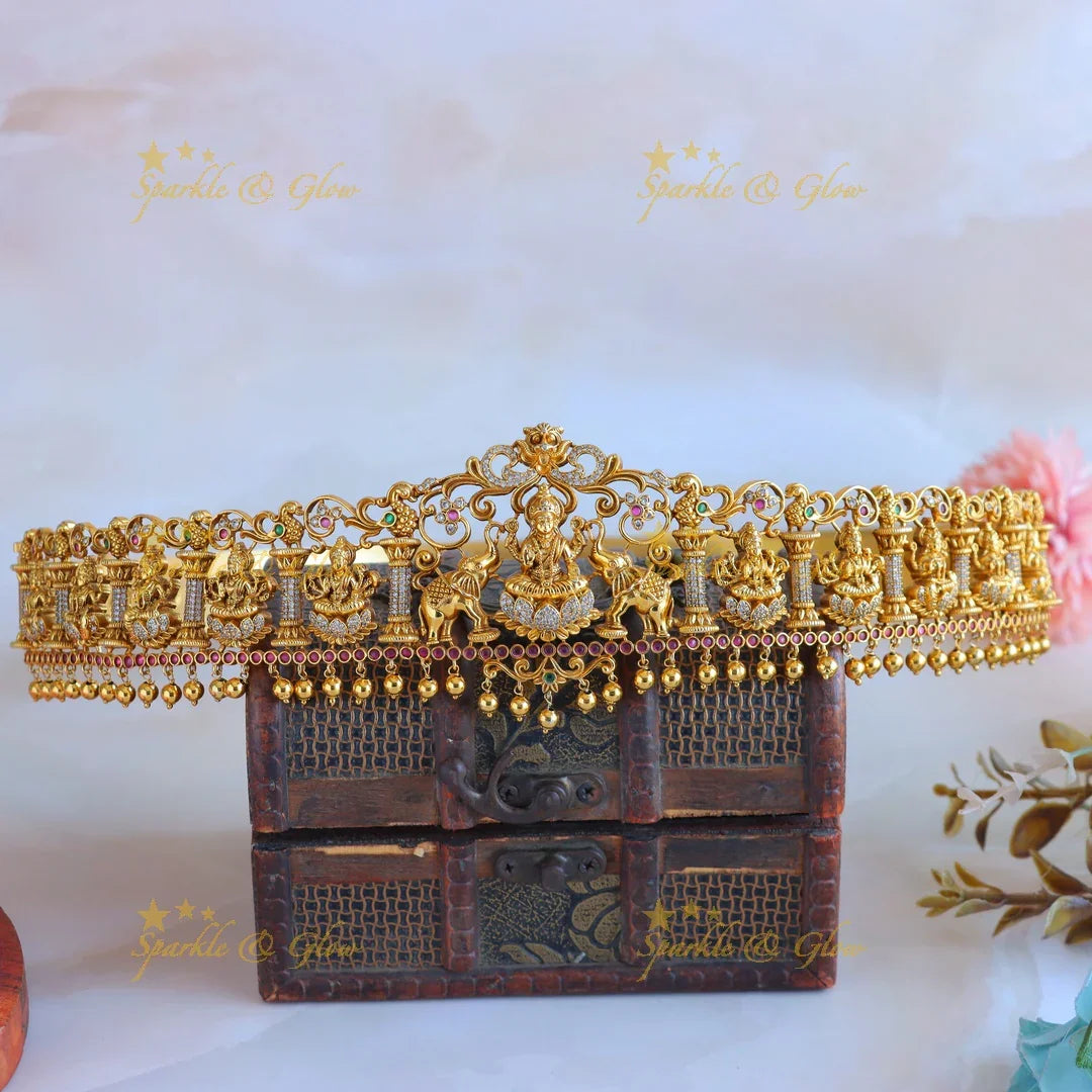 Idol Lakshmi Elephant carved Temple design Hipbelt with AD stones-Multi - Sparkle and Glow