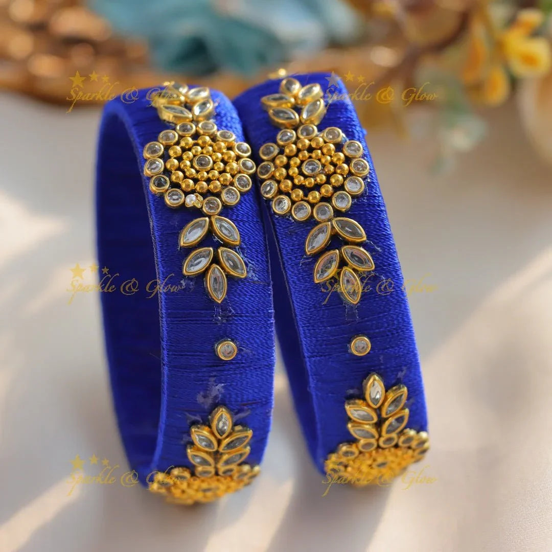 Blue Silk Thread Bangles with Flower Leaf Design- One hand