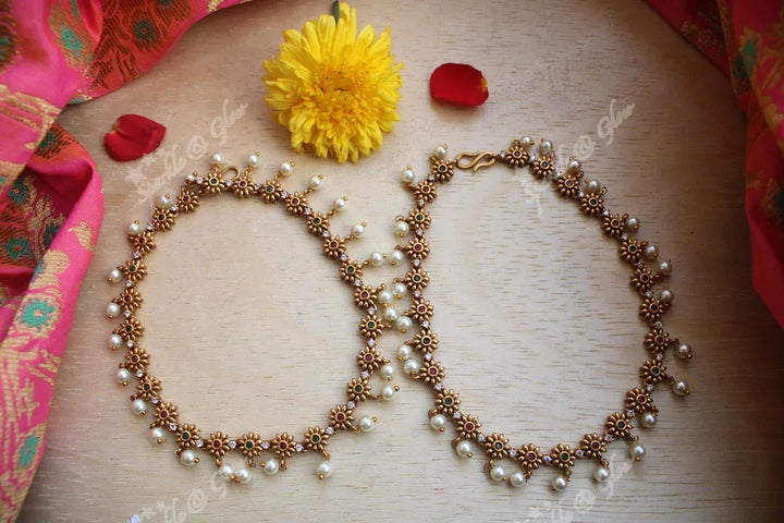 Premium quality gold alike antique polished flower design payal - Sparkle and Glow