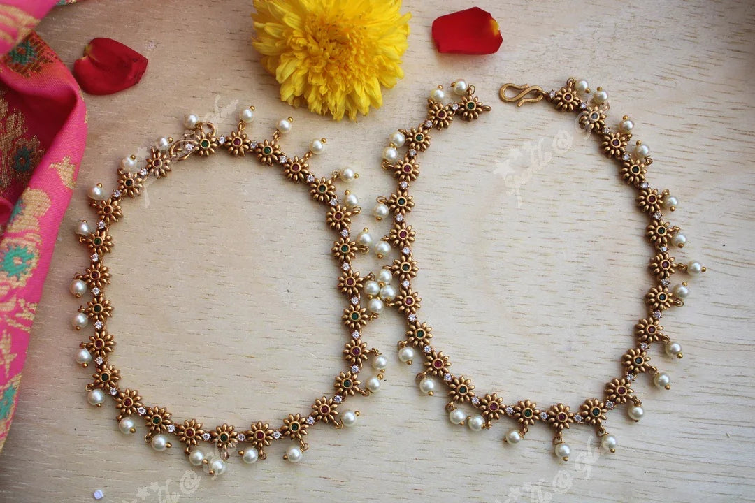 Premium quality gold alike antique polished flower design payal - Sparkle and Glow