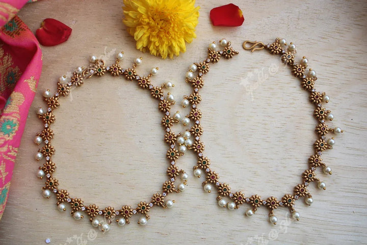 Premium quality gold alike antique polished flower design payal - Sparkle and Glow