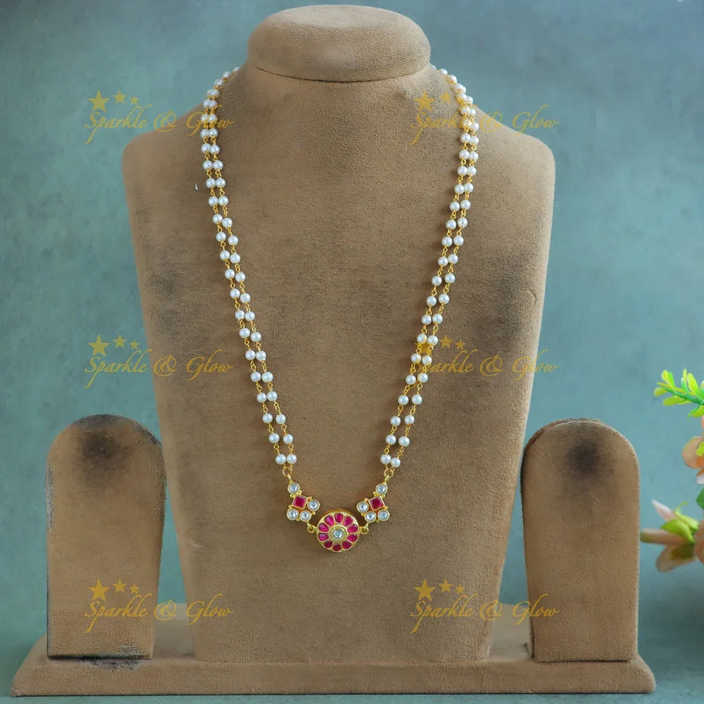 Gracious Floral and Dot penddant Jadau pearl chain - Sparkle and Glow