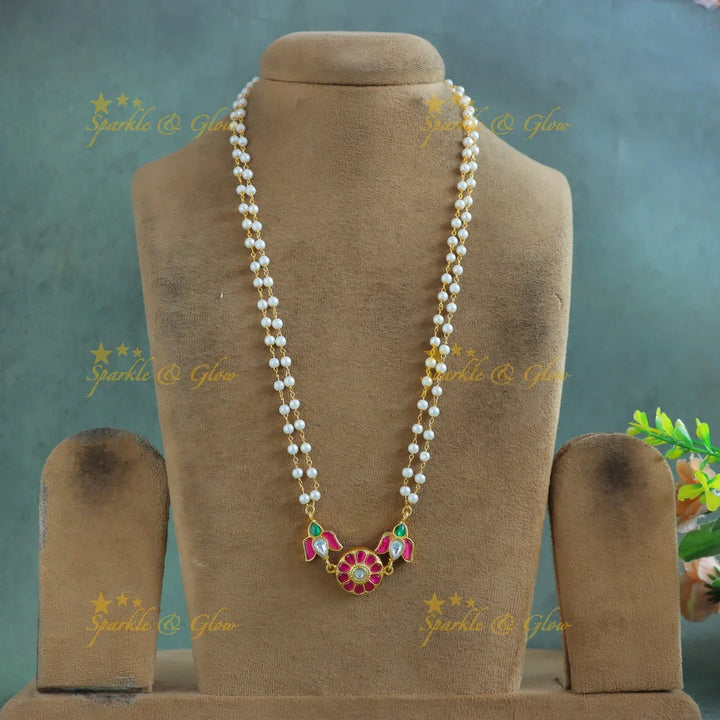Gracious Lotus pendant carved Jadau pearl chain - Sparkle and Glow