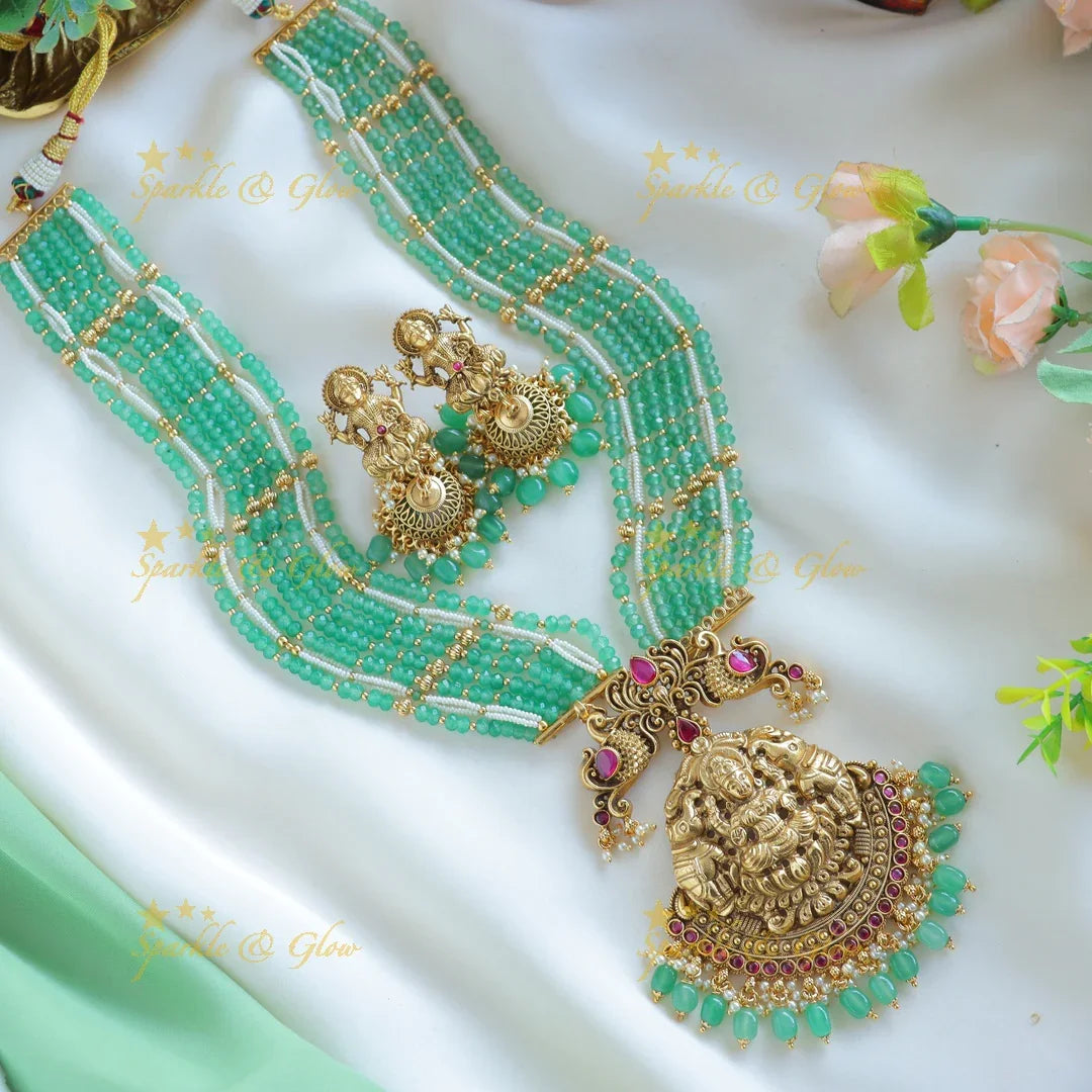 Grand Idol Lakshmi Elephant pendant haram with Multilayered mintgreen beads - Sparkle and Glow