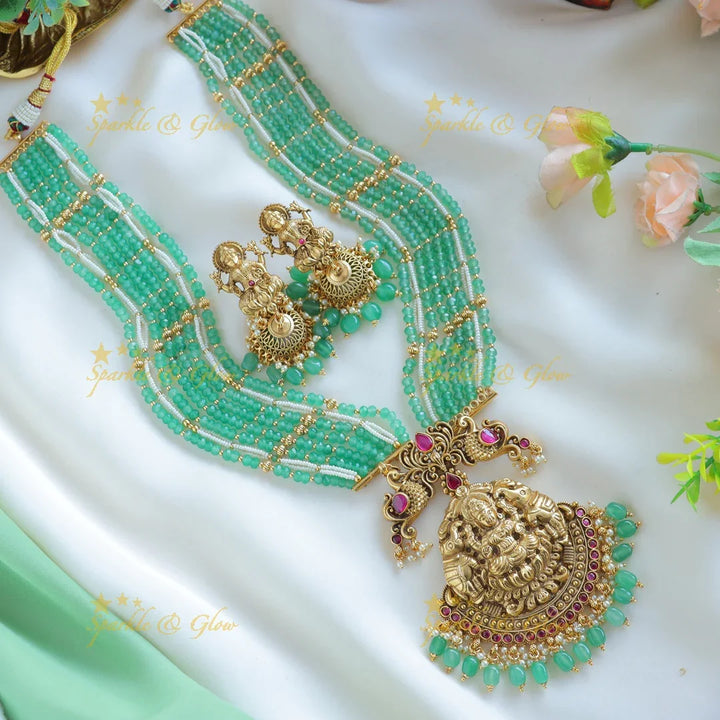 Grand Idol Lakshmi Elephant pendant haram with Multilayered mintgreen beads - Sparkle and Glow