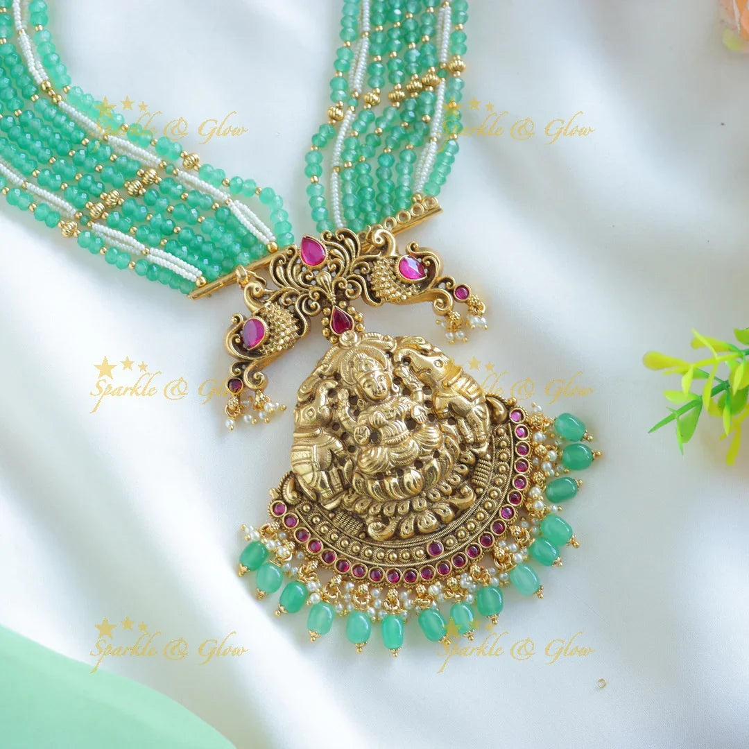 Grand Idol Lakshmi Elephant pendant haram with Multilayered mintgreen beads - Sparkle and Glow