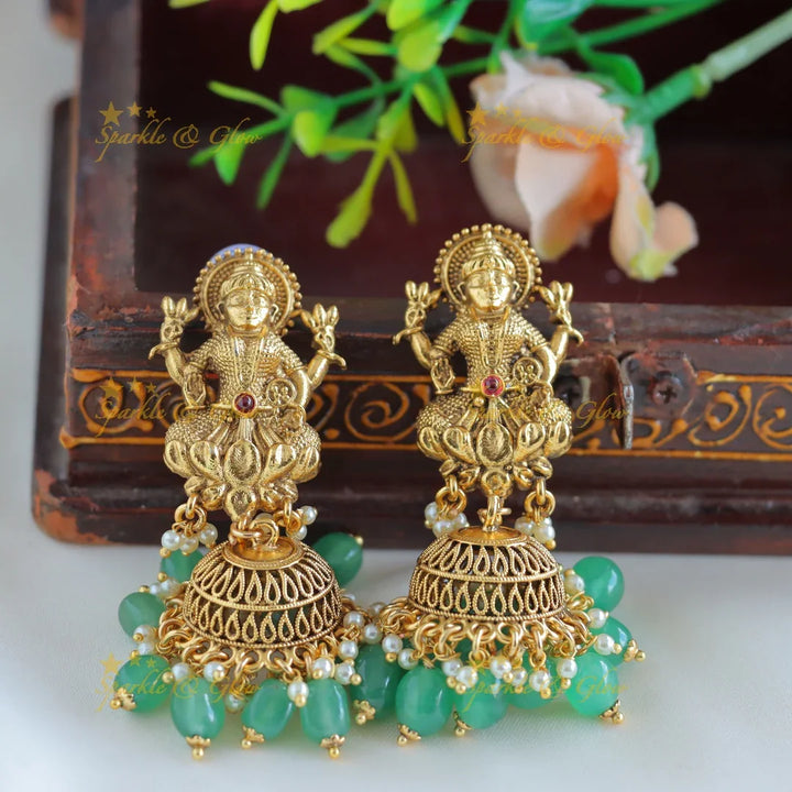 Grand Idol Lakshmi Elephant pendant haram with Multilayered mintgreen beads - Sparkle and Glow