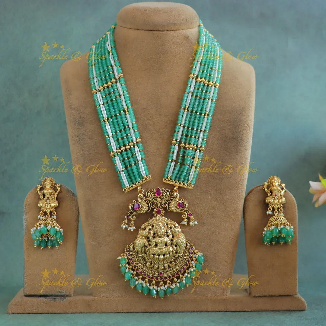 Grand Idol Lakshmi Elephant pendant haram with Multilayered mintgreen beads - Sparkle and Glow