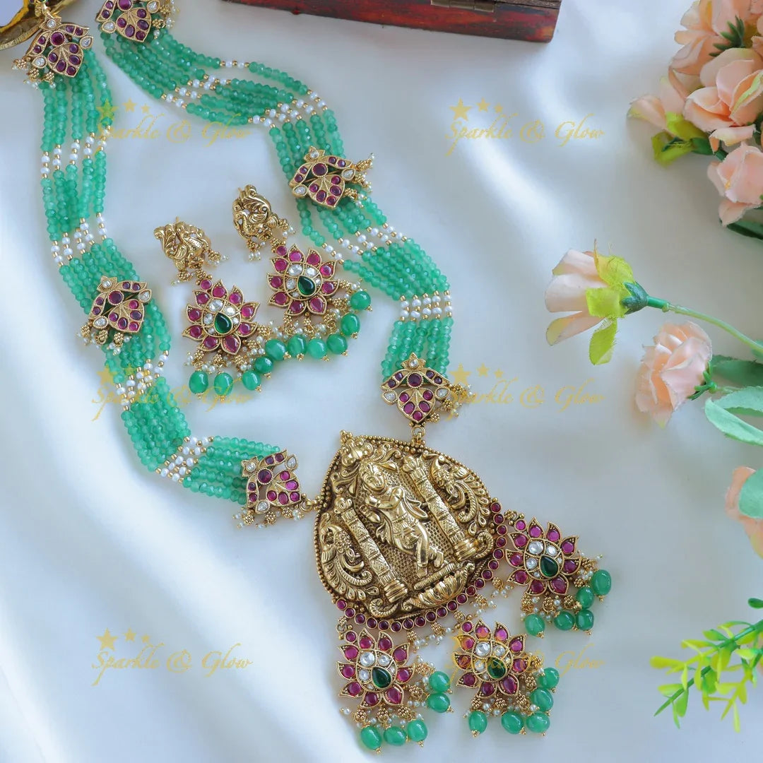 Grand Idol Krishna and Dancing peacock Haram with multilayered mintgreen beads - Sparkle and Glow