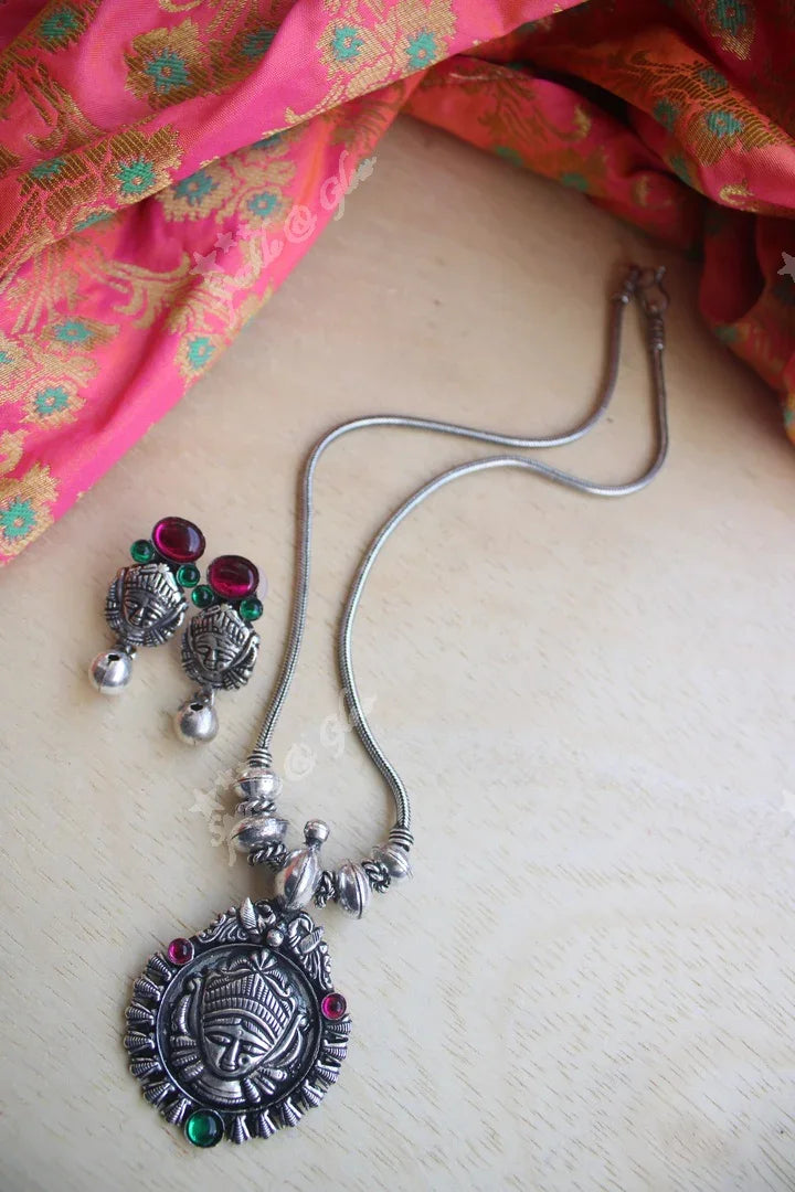 Kohlapuri long german silver pendent chain set - Sparkle and Glow