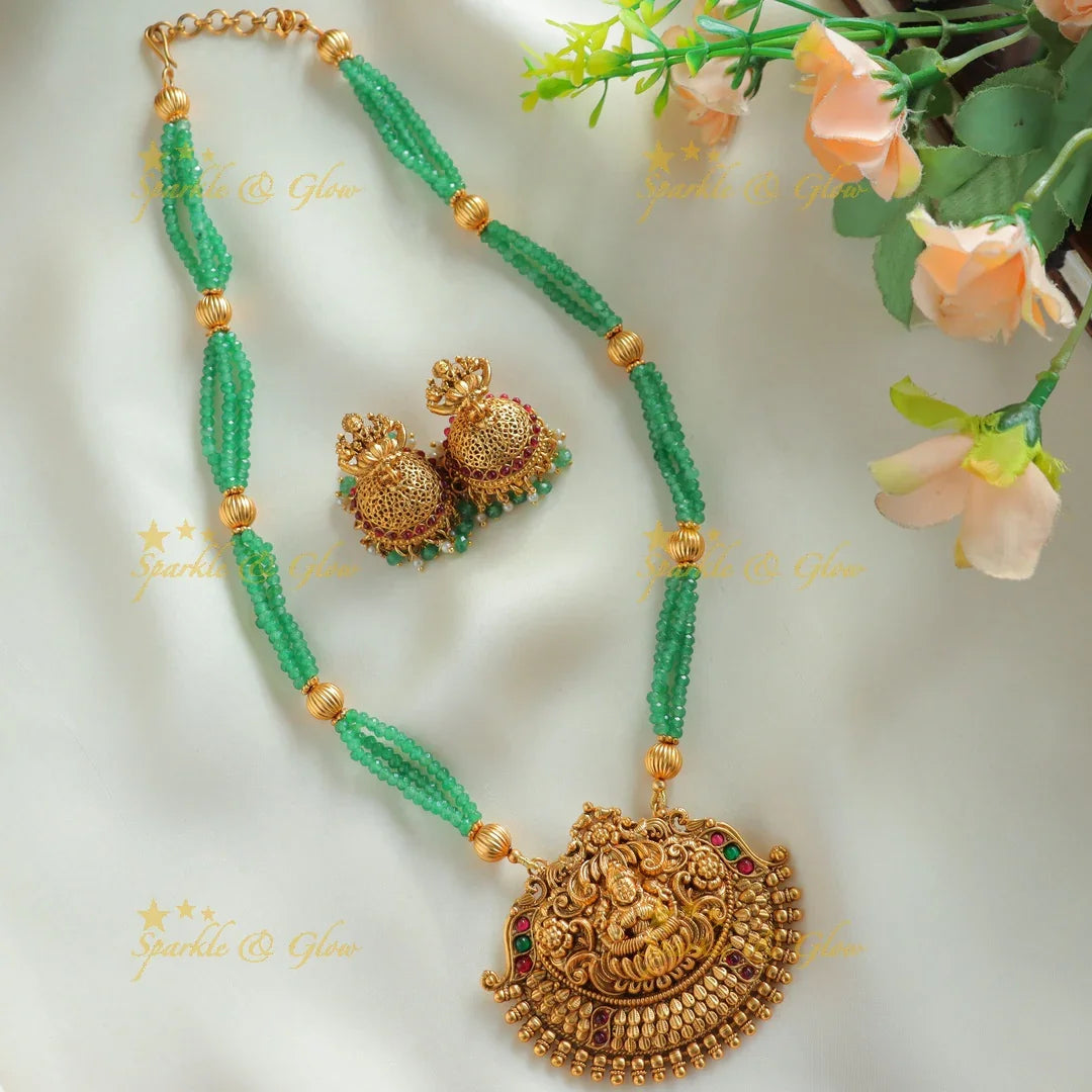 Grand Idol Lakshmi Flower pendant Haram with three layered mintgreen gold ball beads - Sparkle and Glow