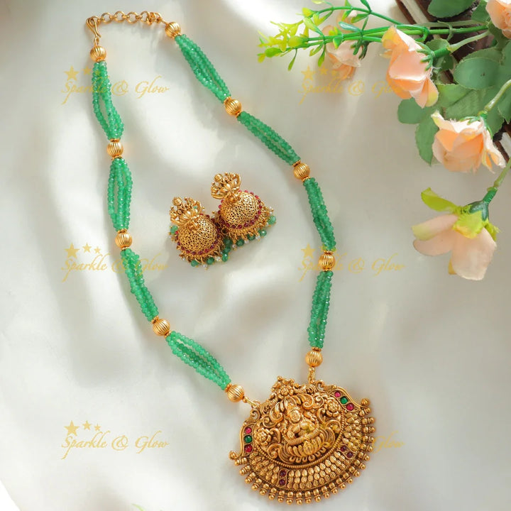 Grand Idol Lakshmi Flower pendant Haram with three layered mintgreen gold ball beads - Sparkle and Glow