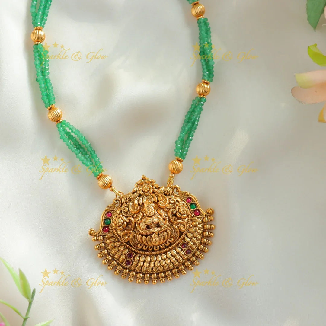 Grand Idol Lakshmi Flower pendant Haram with three layered mintgreen gold ball beads - Sparkle and Glow