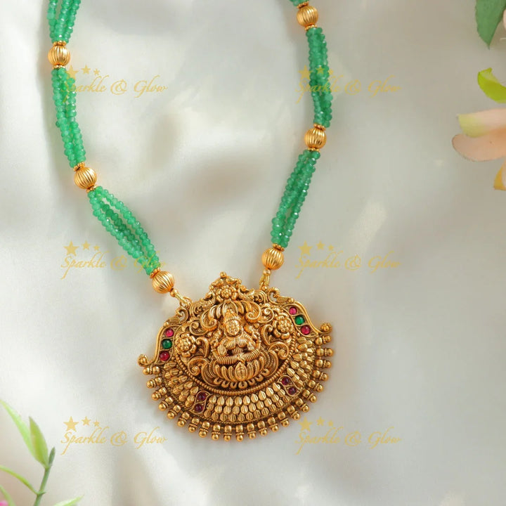 Grand Idol Lakshmi Flower pendant Haram with three layered mintgreen gold ball beads - Sparkle and Glow