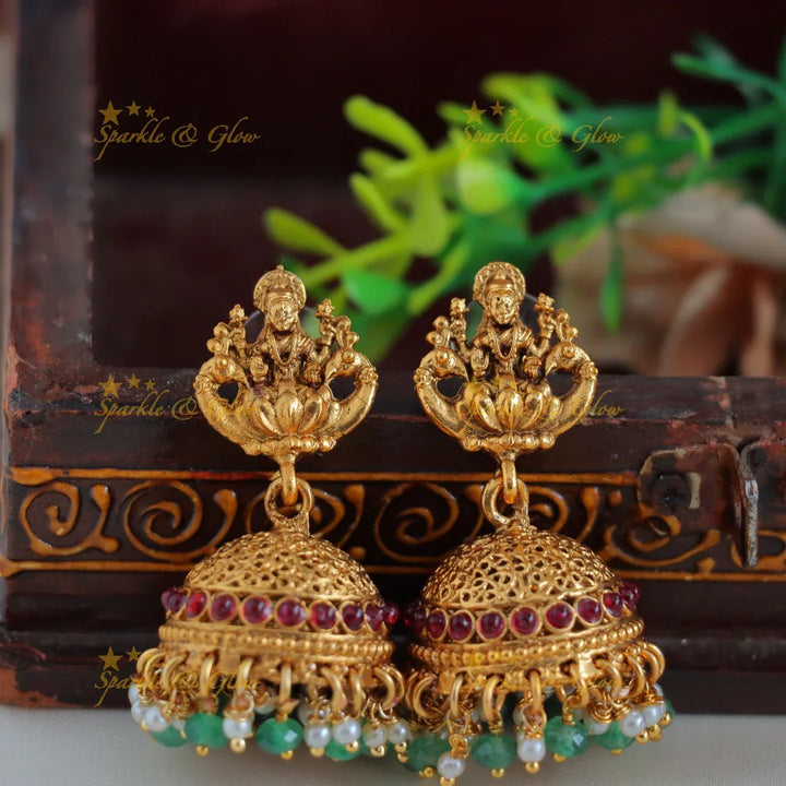 Grand Idol Lakshmi Flower pendant Haram with three layered mintgreen gold ball beads - Sparkle and Glow