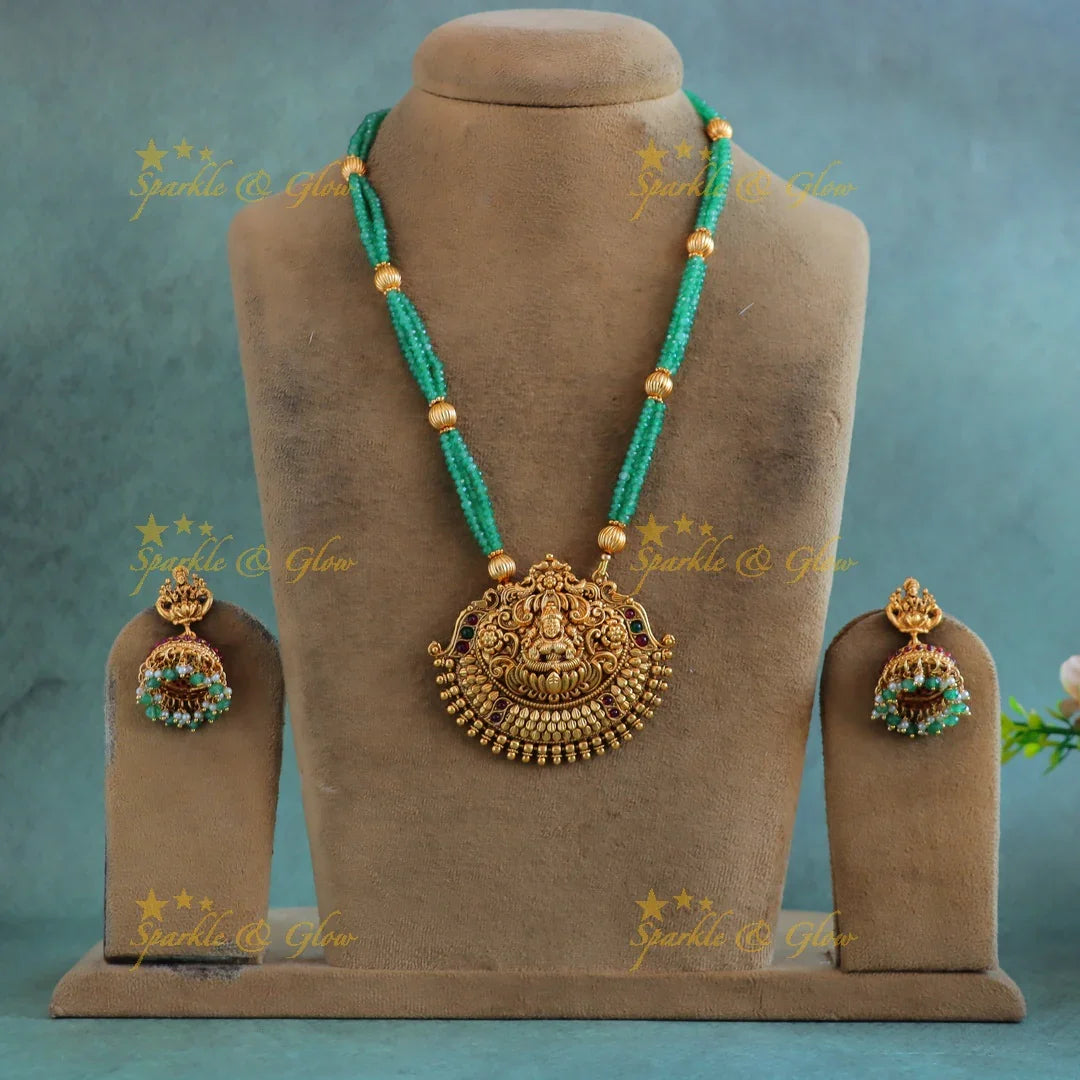Grand Idol Lakshmi Flower pendant Haram with three layered mintgreen gold ball beads - Sparkle and Glow
