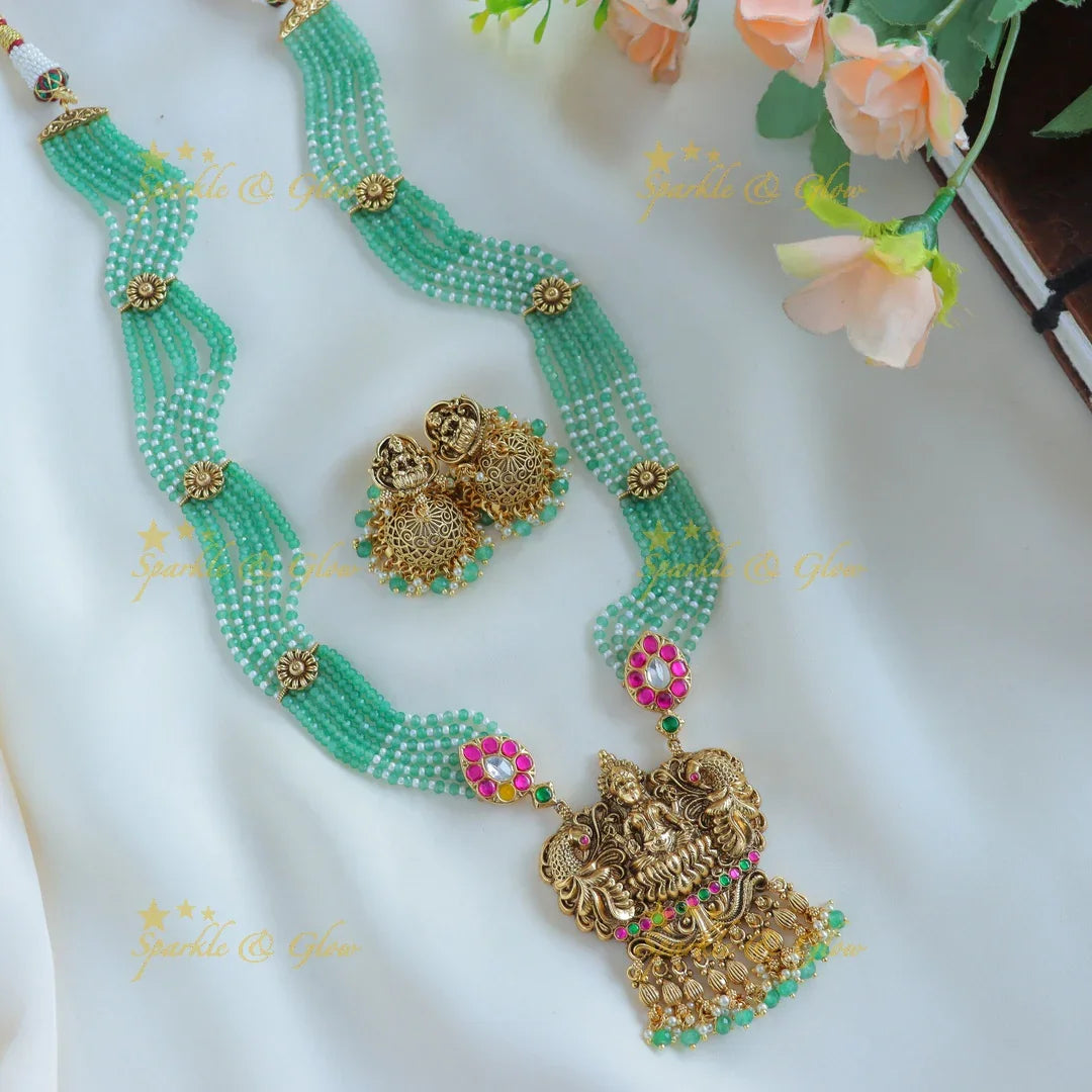 Grand Kemp Floral and Mahalakshmi pendant Haram with multilayered mintgreen beads - Sparkle and Glow