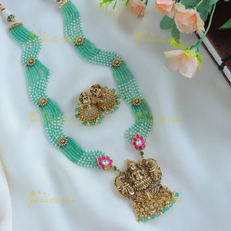 Grand Kemp Floral and Mahalakshmi pendant Haram with multilayered mintgreen beads - Sparkle and Glow