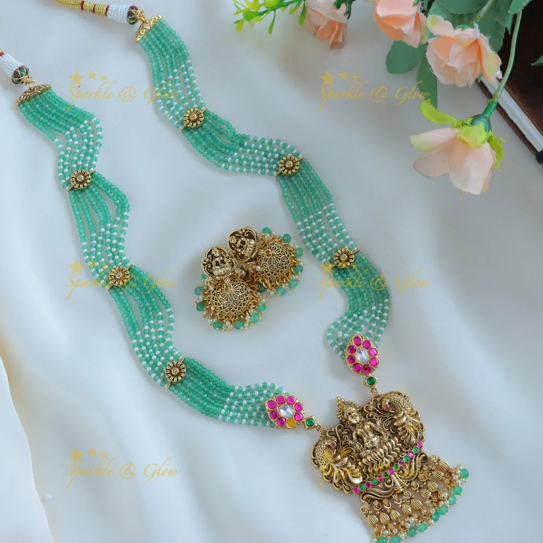 Grand Kemp Floral and Mahalakshmi pendant Haram with multilayered mintgreen beads - Sparkle and Glow
