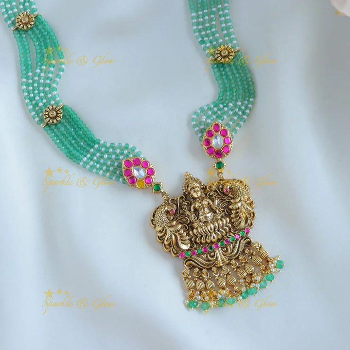 Grand Kemp Floral and Mahalakshmi pendant Haram with multilayered mintgreen beads - Sparkle and Glow