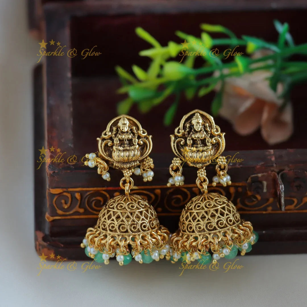 Grand Kemp Floral and Mahalakshmi pendant Haram with multilayered mintgreen beads - Sparkle and Glow