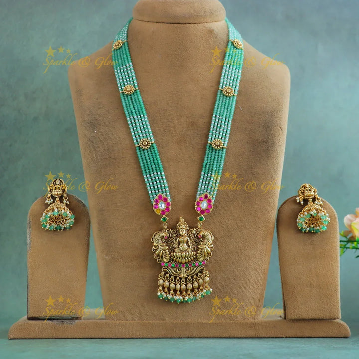 Grand Kemp Floral and Mahalakshmi pendant Haram with multilayered mintgreen beads - Sparkle and Glow