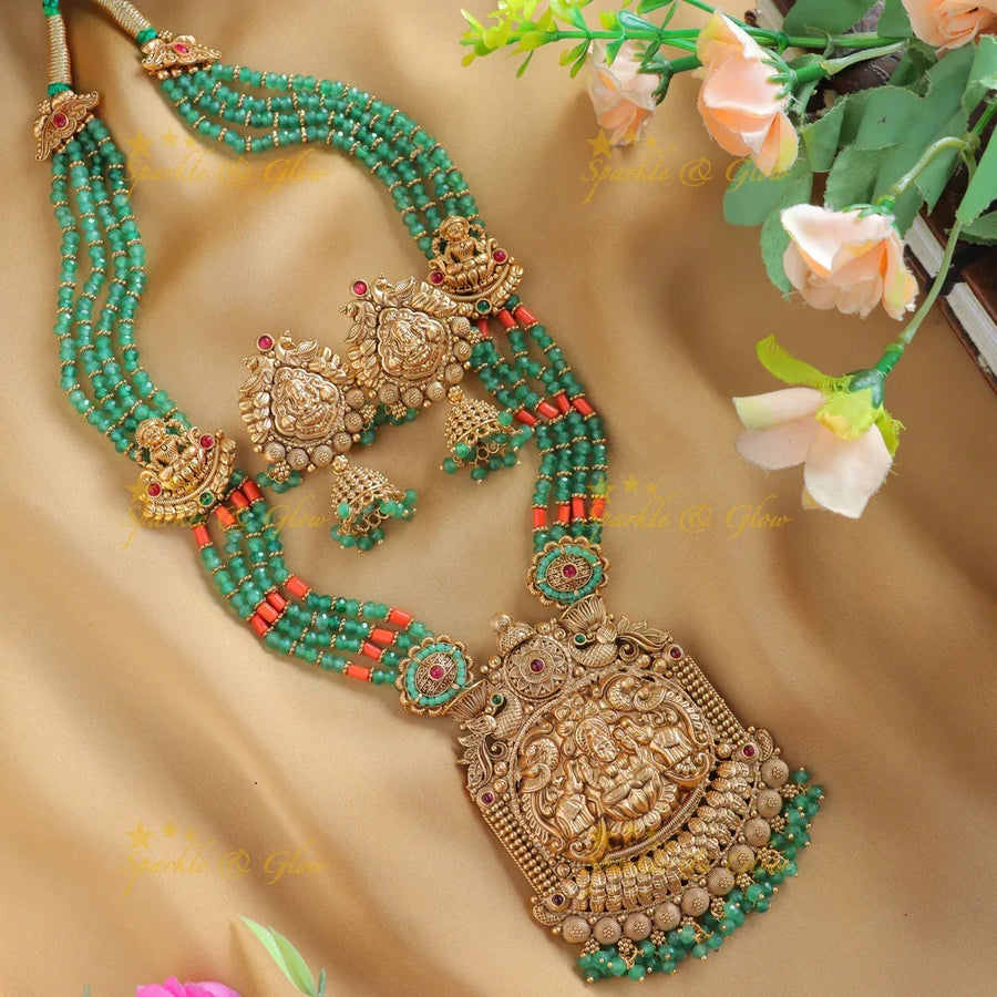 Grand Lakshmi Elephant pendant Haram with multilayered mintgreen and coral beads - Sparkle and Glow