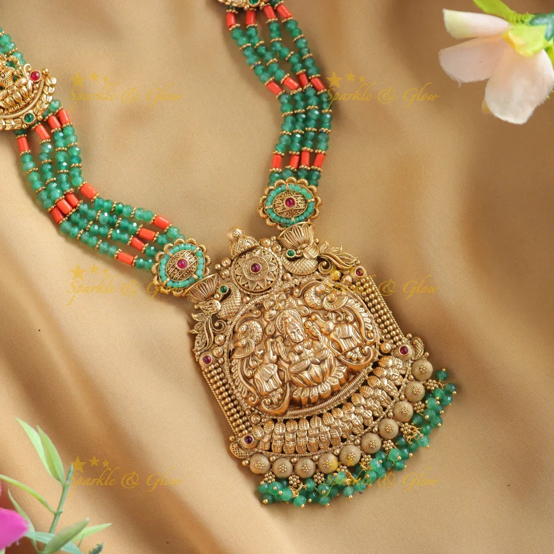 Grand Lakshmi Elephant pendant Haram with multilayered mintgreen and coral beads - Sparkle and Glow