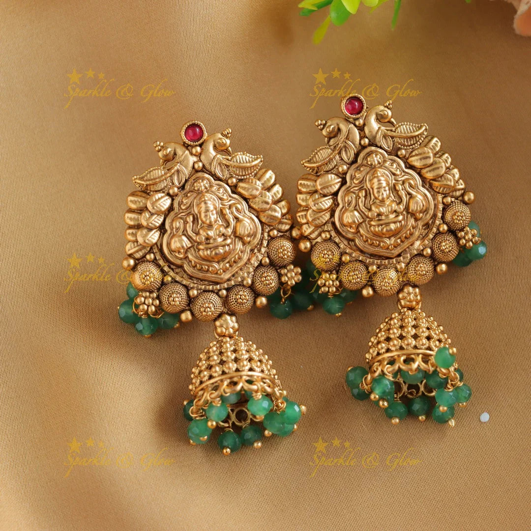 Grand Lakshmi Elephant pendant Haram with multilayered mintgreen and coral beads - Sparkle and Glow