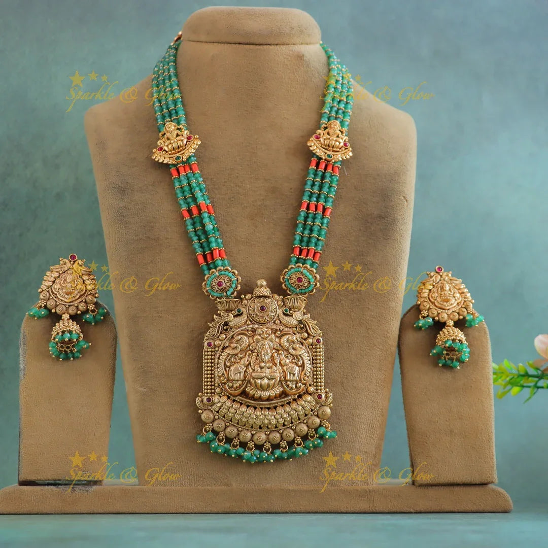 Grand Lakshmi Elephant pendant Haram with multilayered mintgreen and coral beads - Sparkle and Glow