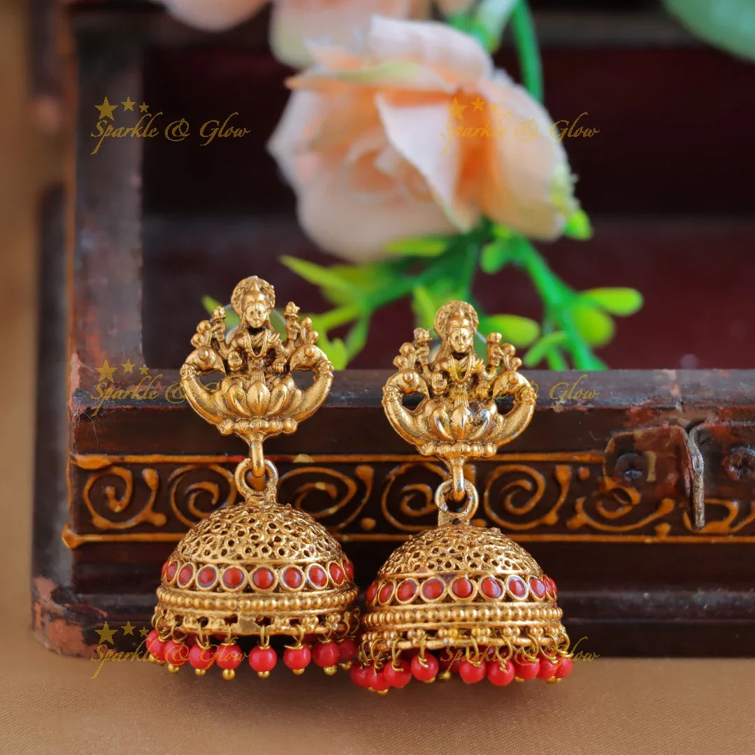 Sparkling Idol Lakshmi Peacock pendant carved Coral beaded Haram - Sparkle and Glow