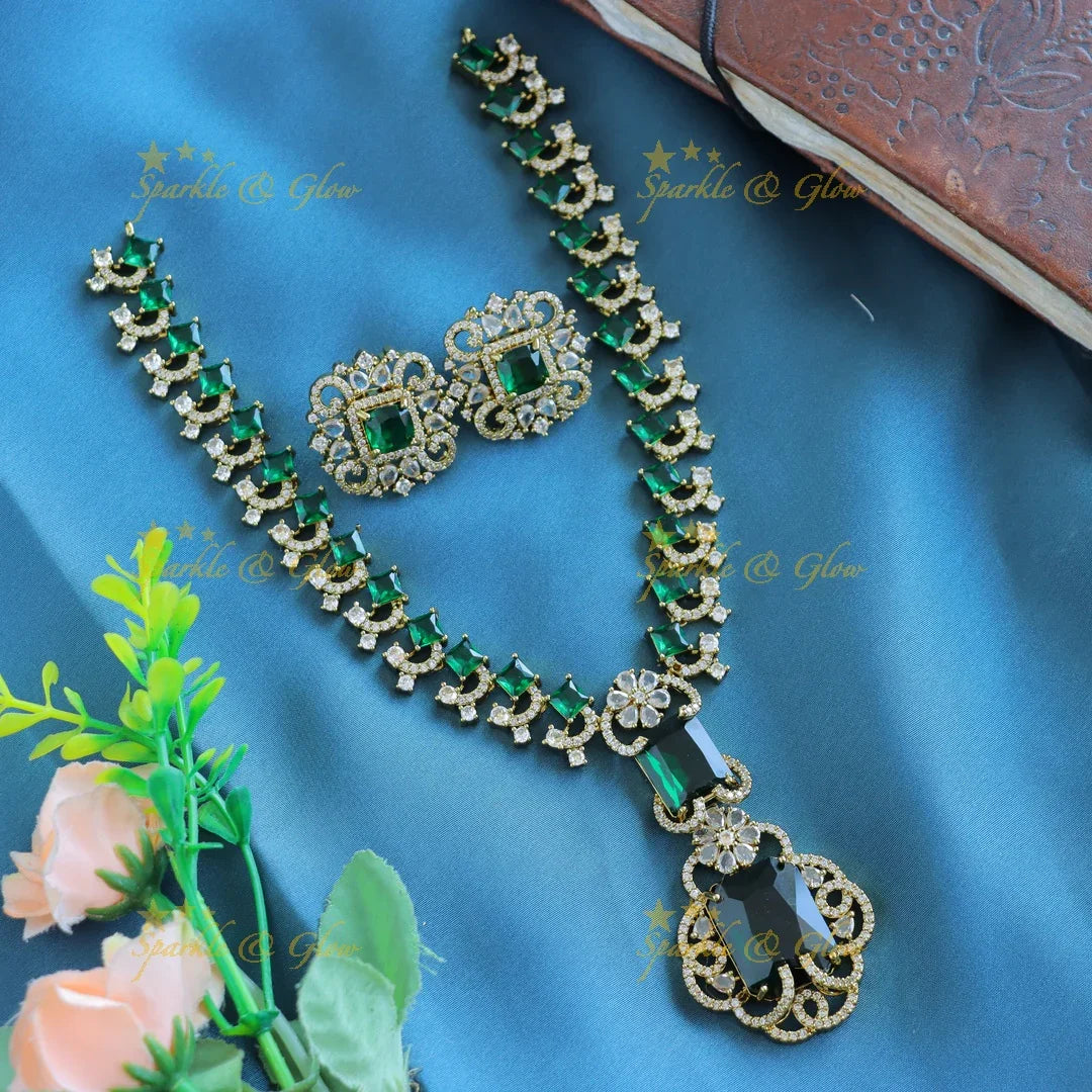 Gracious Square stone and Floral pendant carved Victorian AD short necklace-Green - Sparkle and Glow
