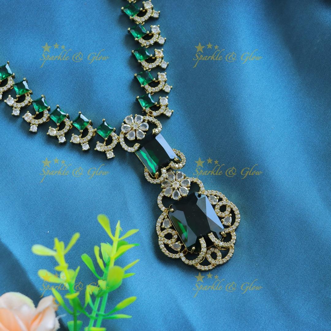 Gracious Square stone and Floral pendant carved Victorian AD short necklace-Green - Sparkle and Glow