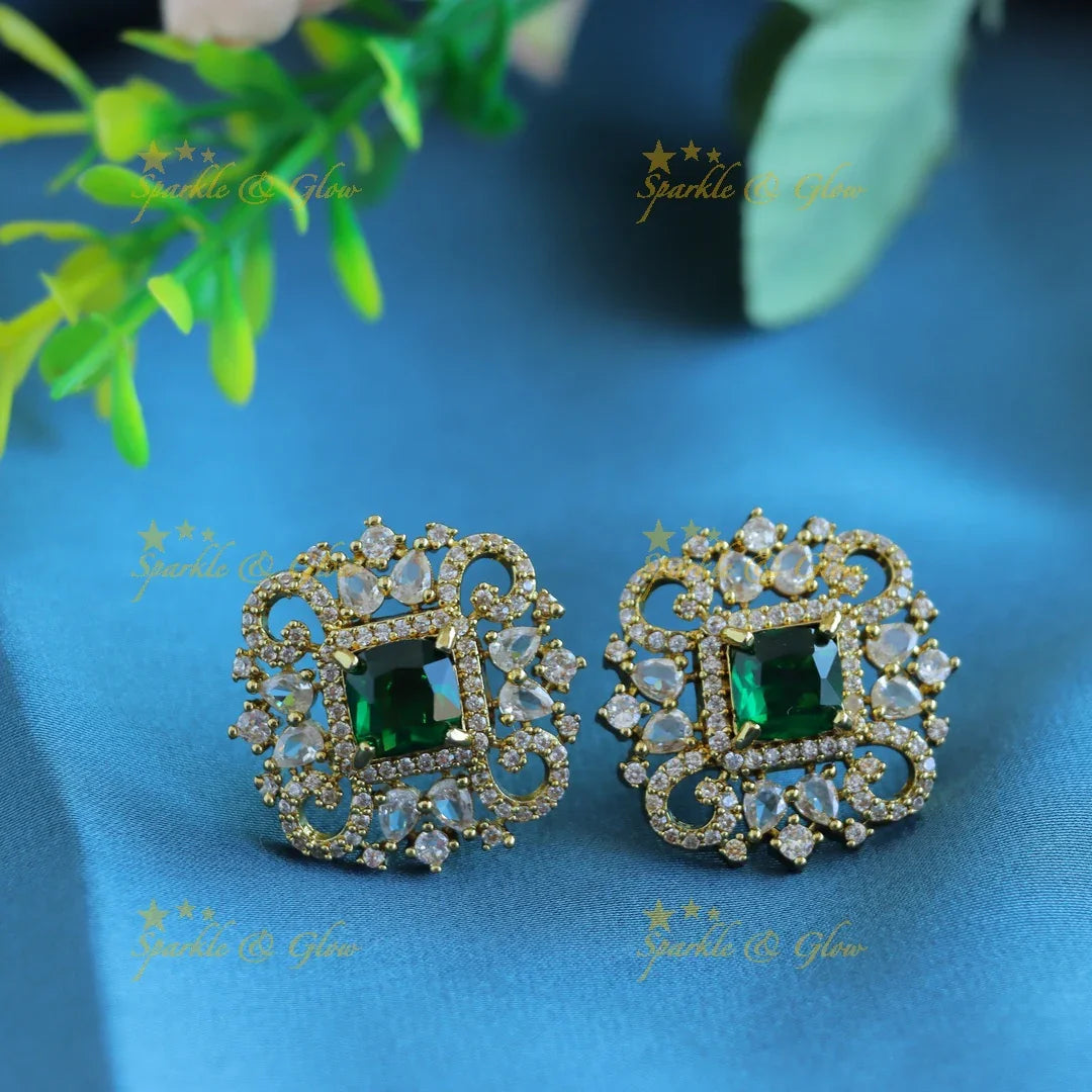 Gracious Square stone and Floral pendant carved Victorian AD short necklace-Green - Sparkle and Glow