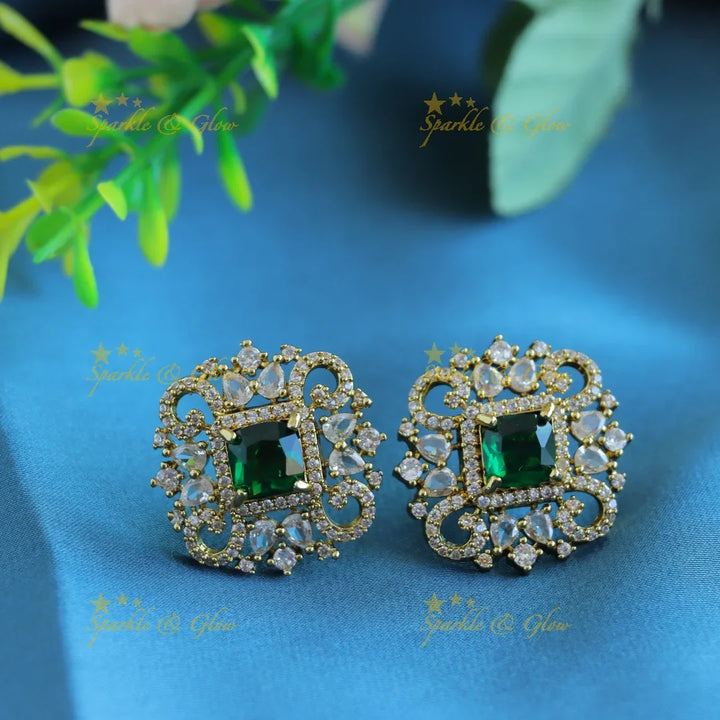 Gracious Square stone and Floral pendant carved Victorian AD short necklace-Green - Sparkle and Glow