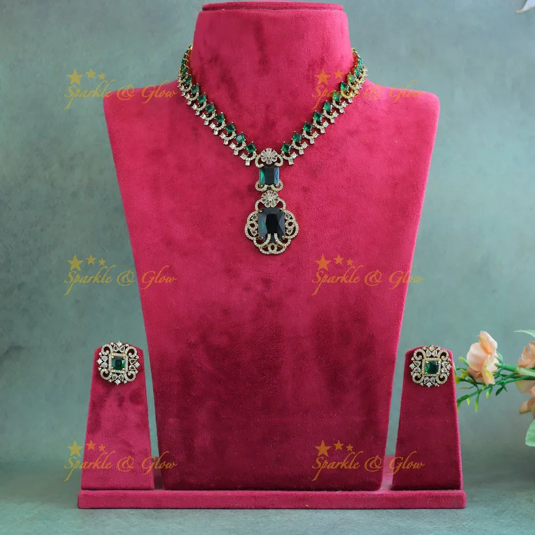 Gracious Square stone and Floral pendant carved Victorian AD short necklace-Green - Sparkle and Glow