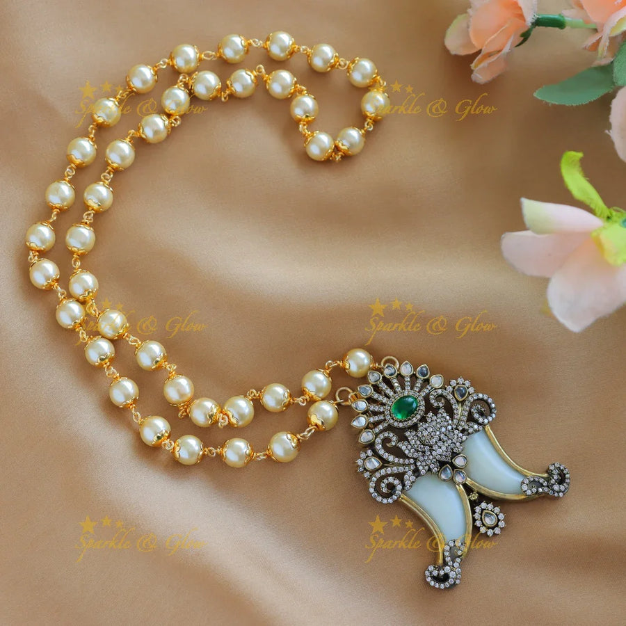 Elegant Lotus Floral Puliguru pendant pearl chain - Sparkle and Glow