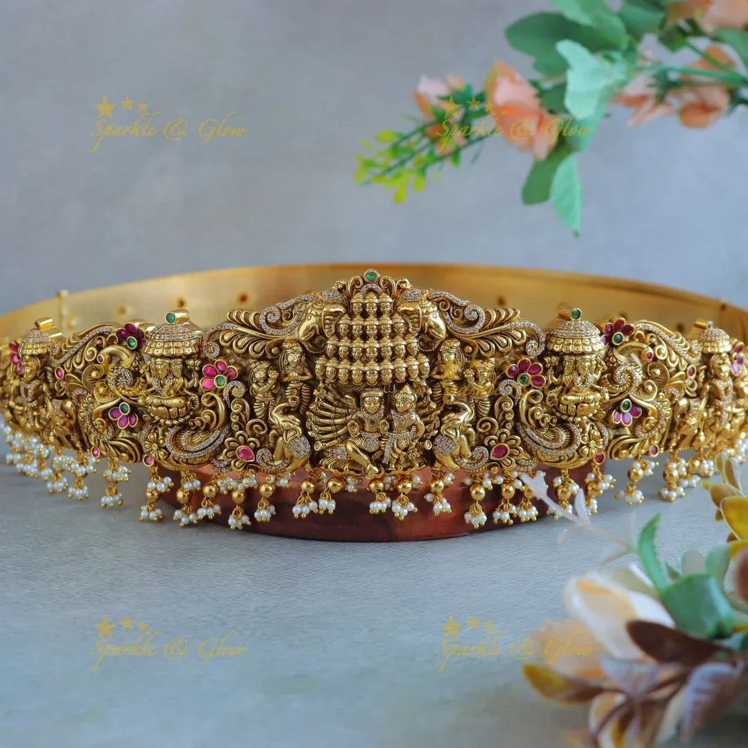Grand Idol Brahma, Vishnu, Maheshwara carved Dashavathara Parivar Hipbelt - Sparkle and Glow