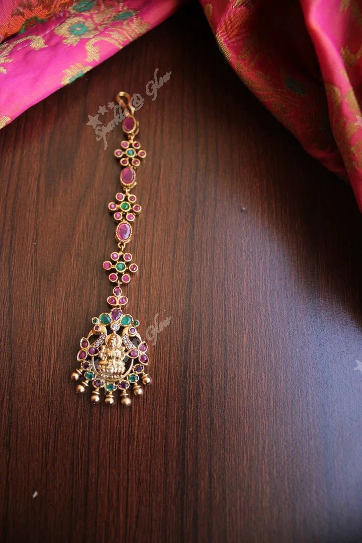 Antique Lakshmi SIngle line Maang Tikka - Multi - Sparkle and Glow