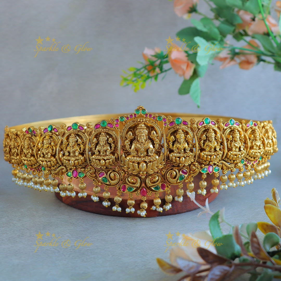 Grand Idol Kuberakshmi Peacock carved Hipbelt with pearls and gold beads