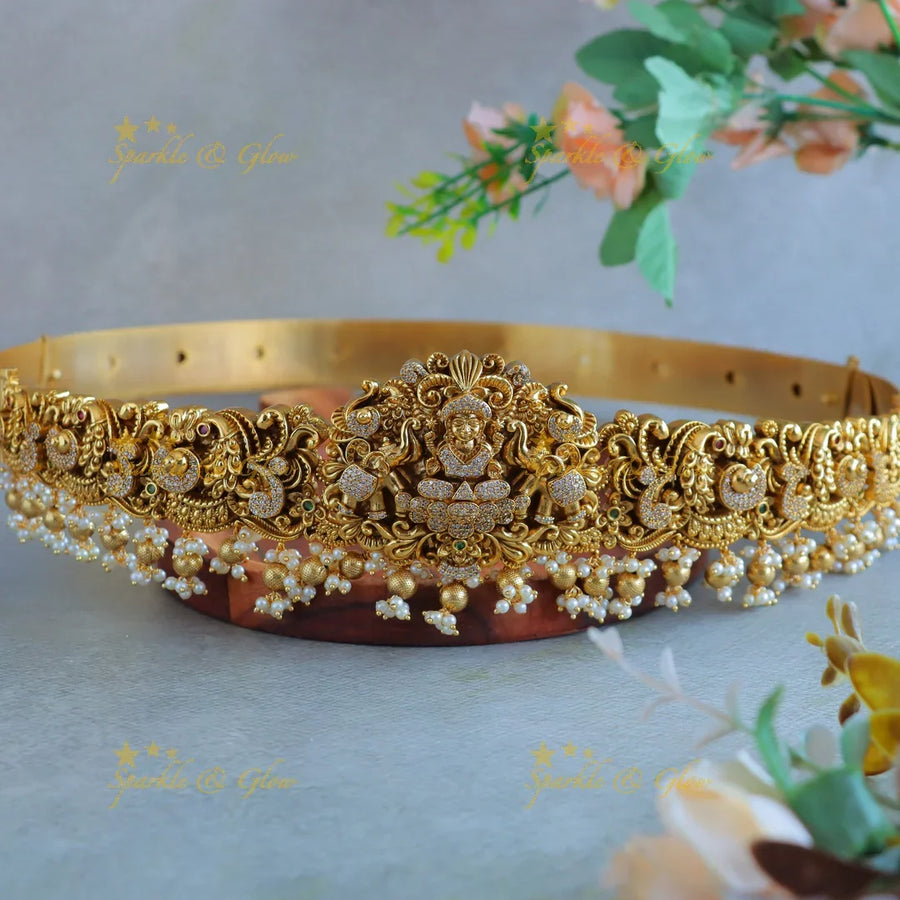 Grand Idol Lakshmi Elephant carved Hipbelt with AD stones - Sparkle and Glow
